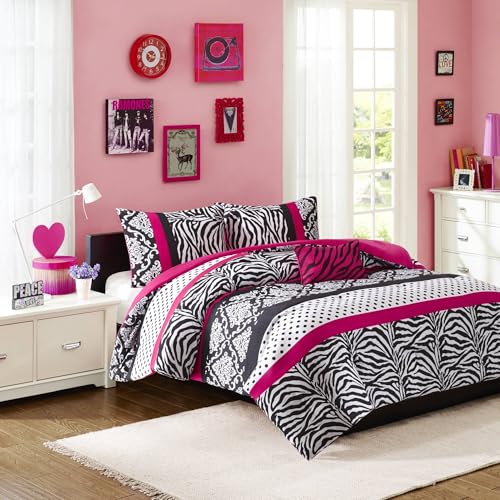 Intelligent Design Comforter Set Fun Bedroom Décor - Modern All Season Polka Dot Print, Vibrant Color Cozy Bedding Layer, Matching Sham, Decorative Pillow, Full/Queen, Zebra Pink 4 Piece