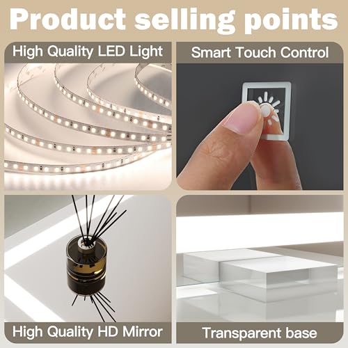 38"x28" Inch Large Lighted Vanity Mirror, 3-Color Lighting & Dimmable Modes, LED Makeup Mirror for Bathroom/Dressing Room (Wall/Tabletop Mount, White)