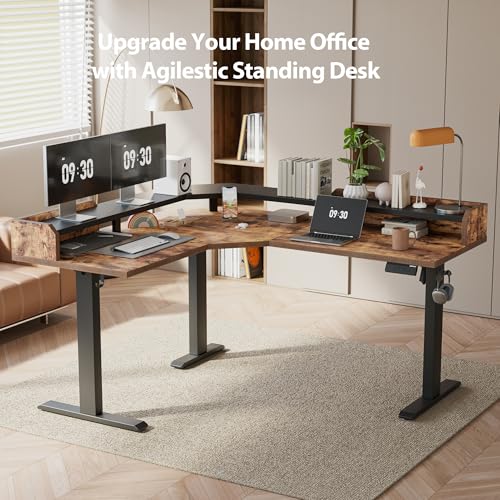 Image of Agilestic L Shaped Standing Desk, Adjustable Height Corner Gaming Desk with Shelf, Sit Stand Up Desk, 63 x 55 Inch Home Office Computer Table, Rustic Brown