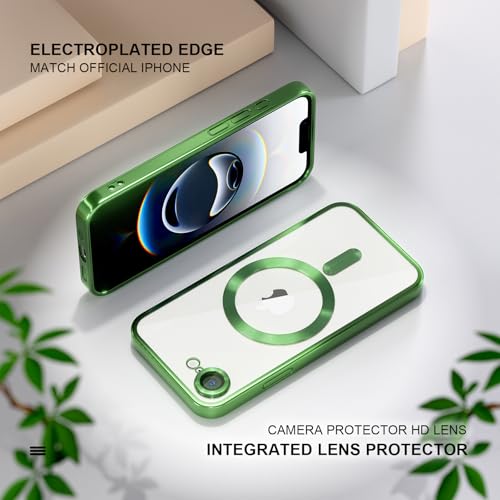 Image of Misea Magnetic for iPhone 17e / 16e Case Compatible with MagSafe Green | [Never Yellowing] [Military Drop Protection] Full Camera Lens Protector Plating Soft Clear Phone Case for Women, Green