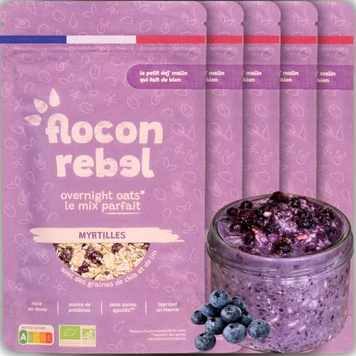 FLOCON REBEL Overnight Oats | Arándanos x5 – Desayuno Saludable y Rápido | Gachas Frías | Copos de Avena | Rico en Fibra, Fuente de Proteínas, Orgánico, Sin Azúcar Añadido – 5x45g