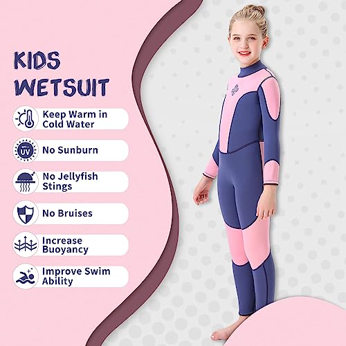 Seaskin Kids Wetsuit For Youth Girls, 3Mm Full Suits Long Sleeve Back Zip Wet Suits Thermal Swimsuits Keep Warm For Surfing Diving Swim Lessons (12, Navy+Pink) #TOP2