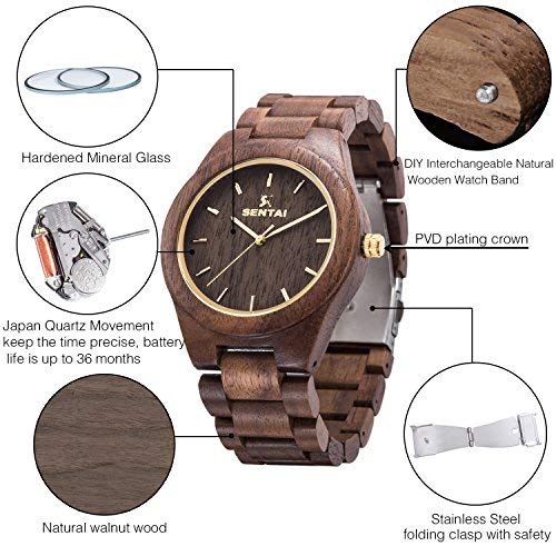 Sentai Orologio Legno Uomo Naturale Orologio Analogico Al quarzo Orologi da  Polso Elegante in Legno -