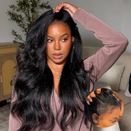 Ruinafen 4C Edges Kinky Straight Human Hair Wig 13x6 HD Lace Front Wigs Human Hair with Curly Baby Hair 250% Density Pre Plucked Pre Bleached Wig for Black Women Natural Color 22 inch