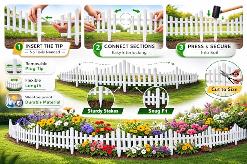 Image of Klick N Shop Garden Fence Pack of 2, Decorative Interlocking Plastic Border Panels for Lawn & Plants, Weather-Resistant Outdoor Garden Edging with Locking System, White, 78 x 34 cm