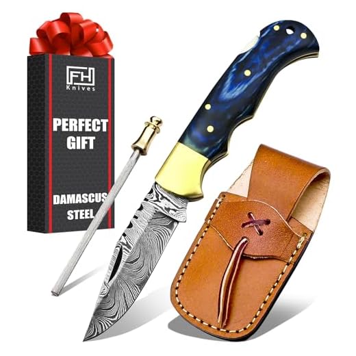 6.5 Inch Handmade Damascus Pocket knife for Men Folding Knife with back lock Small Pocket knife for Hunting Camping Hiking Damascus hunting knife with sheath Best EDC Camping Knife (Blue wood)