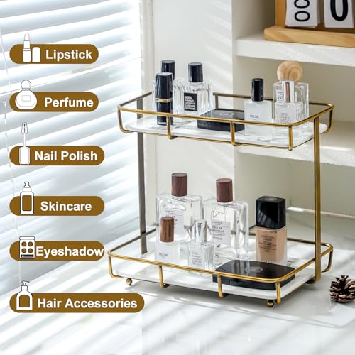Bathroom Organizer Countertop Perfume Organizer Makeup Organizer Cosmetics Storage Display Rack Vanity Tray Dresser Stainless Steel Gold Shelf White Marble Ceramic Tray