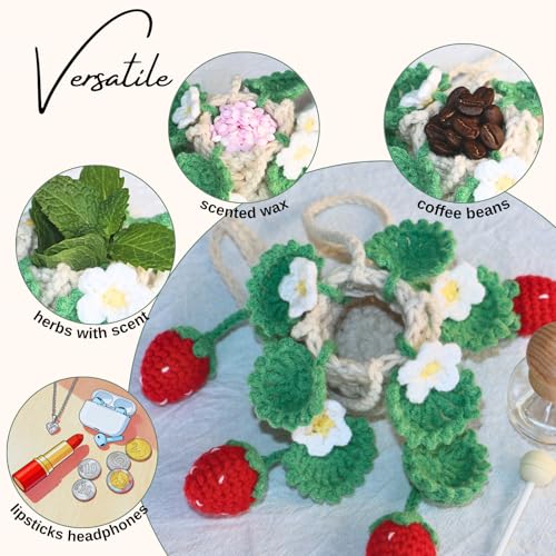 Image of ROFIGL Handmade Crochet Hanging Car Air Freshener - Cute Strawberry Plant Design, 12ml Refillable Thick Glass Bottle, Car Diffuser for Rearview Mirror, Home & Office Decor