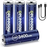 Deleepow Rechargeable AA Batteries USB 3400mWh AA Lithium Rechargeable Batteries 1500 Cycle with USB C Cable 4-Pack