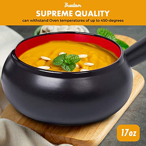 Bruntmor 17 Oz Round Ceramic Soup Bowl With Handle Set Of 4, 17 Ounce Small Ceramic French Onion Soup Crocks In Black With Red Color For Kitchen Or Christmas Dinner Table Decoration #TOP4