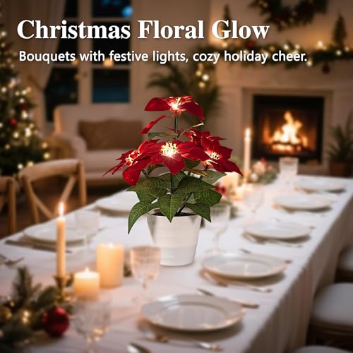 Image of Artificial Christmas Flower Lamp Night Light, Battery Powered for Christmas Bedroom Bar Coffee Shop Decor, Gifts for Women Mom Grandma Girlfriend Birthday Christmas Valentines Mothers Day