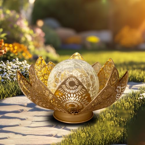 Elfengarden Solar Lights Outdoor Waterproof Lotus Flower Metal Yard Art Decoration Crackle Globe...