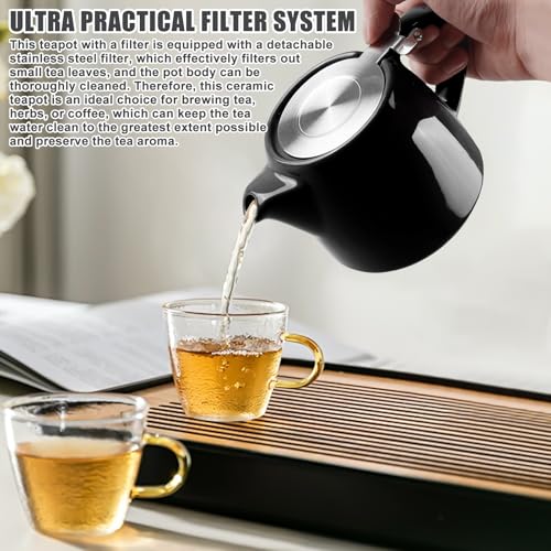 Teekanne mit Siebeinsatz, 500ML Teekanne Keramik, Keramik Teekannee mit Herausnehmbarem Edelstahl-Teesieb, Teapot Ceramic für Zuhause und BüRo Perfekt für Losen Tee, HalbgläNzend Schwarz
