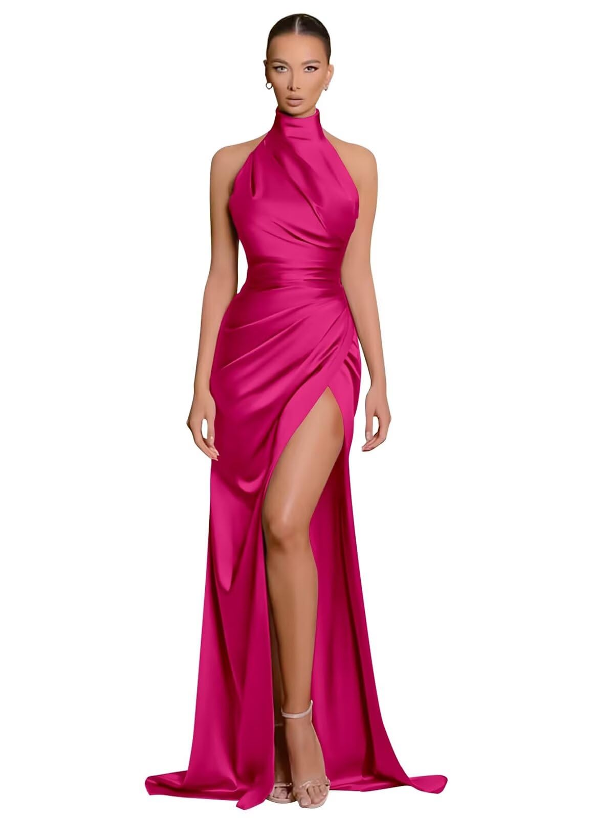 Clothfun Women's Halter Satin Bridesmaid Dresses Long Mermaid Prom Dress for Women Formal Gown with Slit