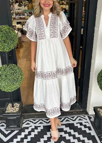 Image of chouyatou Women's Summer Printed Floral Dress Casual Notch Neck Cotton Midi Long Mexican Tunic Dress