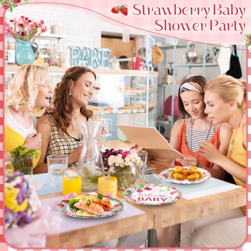 Image of Funnymoom 60 Pcs 7 Inch Strawberry Baby Shower Paper Plates a Berry Sweet Baby Is on The Way Party Decorations Strawberry Gingham Disposable Dessert Cake Plates Birthday Party Supplies