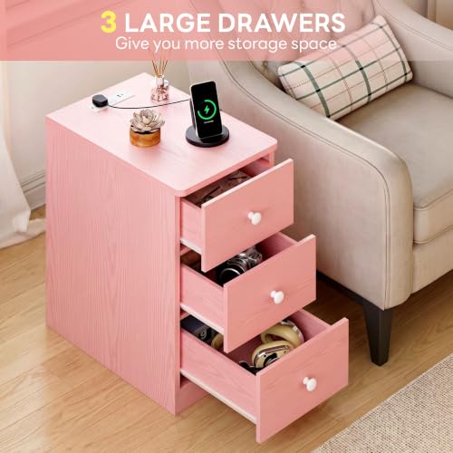 Image of LIKIMIO Nightstand with Charging Station, 3 Drawers Modern for Bedroom