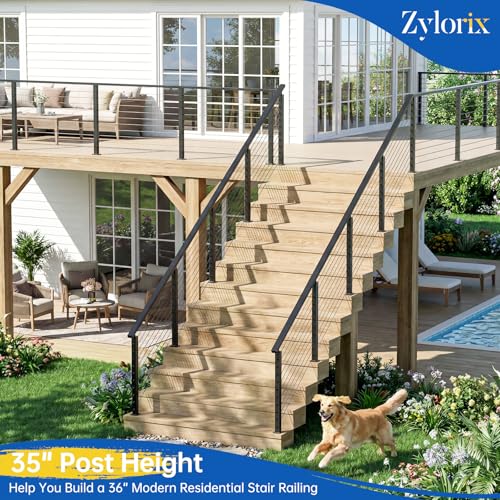 Image of 36 inch Swageless Modular Stair Cable Railing Post Fit 28-38 Degree Stairway, T304 Stainless Steel Surface Mount 33 Angle Drilled Deck Post with Black Powder Coating for Stair Indoor Outdoor