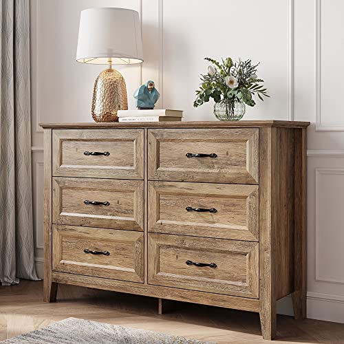 LINSY HOME Dresser for Bedroom, Long Dresser with 6 Drawers, Wood Chest
