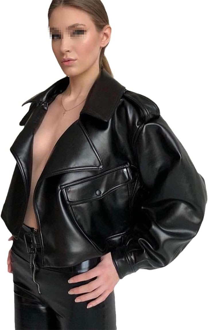 Autumn Women Faux Leather Jacket, PU Motorcycle Biker Red Coat, Turndown Collar Streetwear Black Punk Outerwear