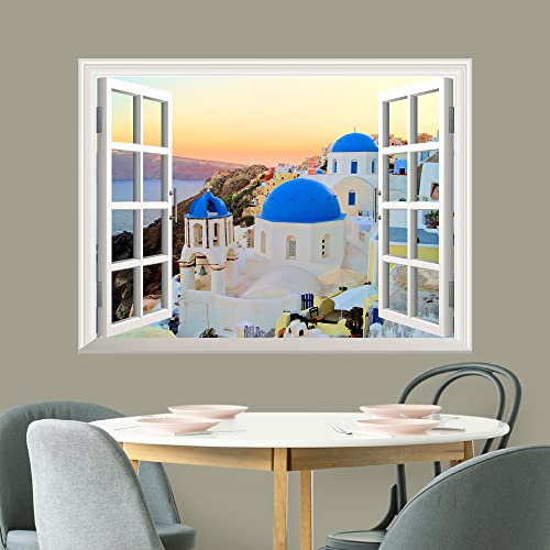 Wall26 Removable Wall Sticker/Wall Mural - Sunset View Of The Blue Dome Churches Of Santorini, Greece | Creative Window View Home Decor/Wall Decor - 36"X48" #TOP2