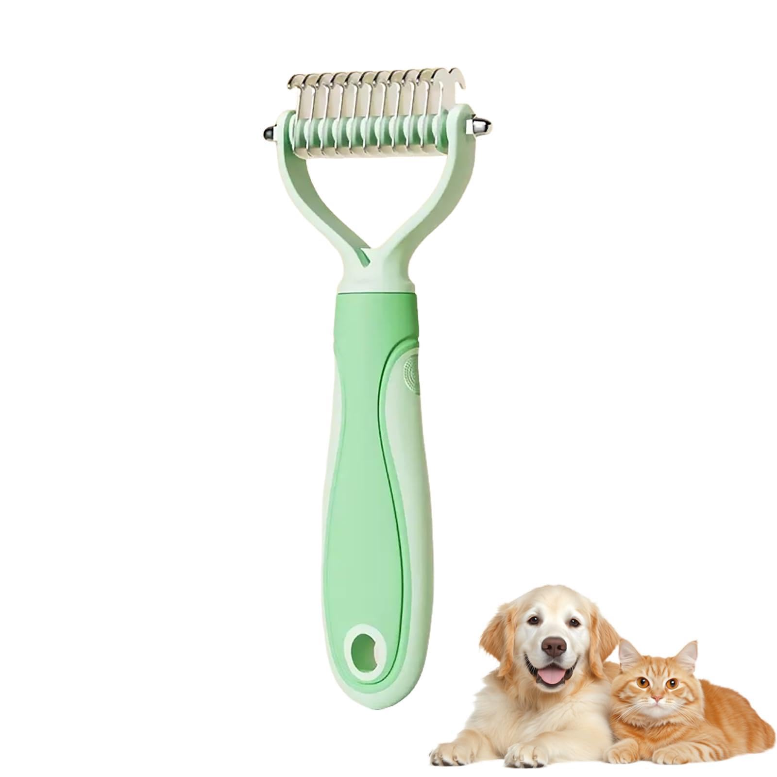 Double-Sided Deshedding Pet Grooming Brush, Professional Dematting Comb for Dog and Cat, Pet Grooming Rake for Long Haired Cat Dogs Removing Loose Undercoat Tangles Mats (Green,S)