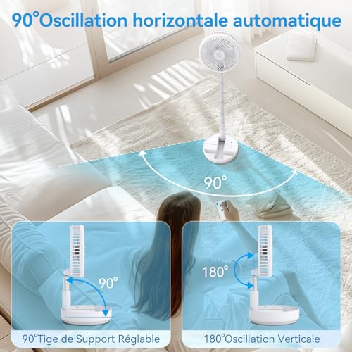 Ventilateur 4 vitesses pliable blanc silencieux avec oscillation intégrée - 5