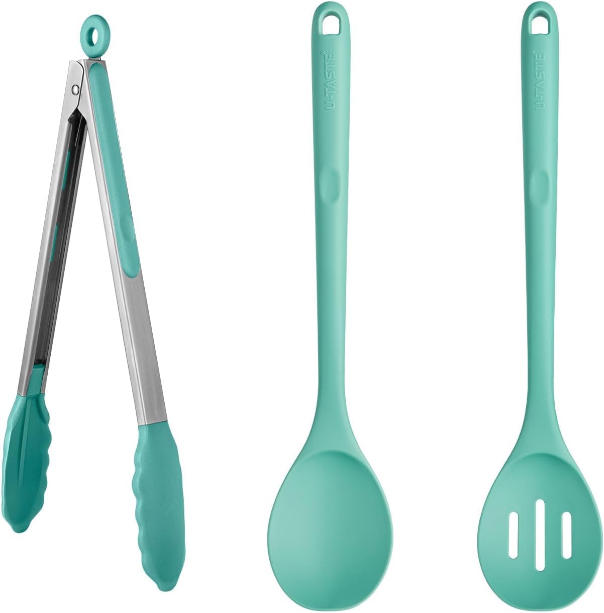 U-Taste 600℉ Heat Resistant BPA Free Non Stick Firm Cooking Tongs (12in), and 600℉ Heat Proof Long Non-Scratch Silicone Solid & Slotted Cooking Spoon for Mixing (Set of 2), Aqua Sky