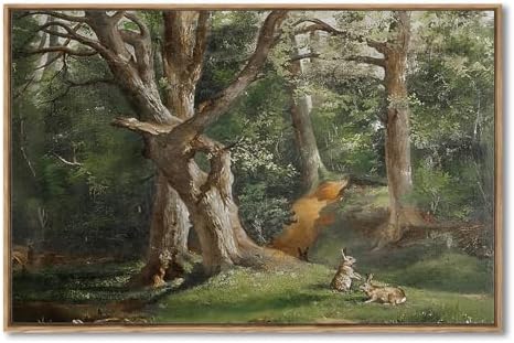 AIMAILON Vintage Framed Canvas Wall Art for Living Room - OK Gesture Tree Wall Art for Kitchen Decor, Rustic Countryside Wall Decor Art with Grey Rabbit, Wild Natural Landscape Wall Prints 12x18