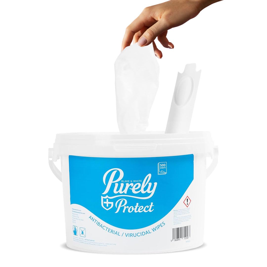 Blake & White Purely Protect Virucidal & Antibacterial Wipes - Fast Drying Biodegradable Multi Purpose Cleaning Wipes for Household Surfaces - Tub of 500 - EN1276 & EN14480 Certified