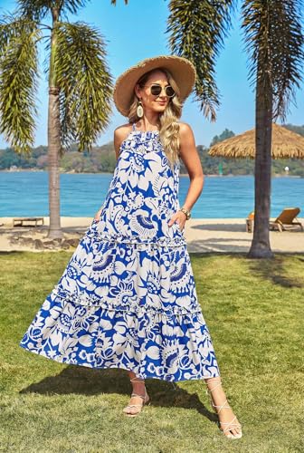 Image of GRACE KARIN 2026 Women's Floral Halter Maxi Dress Boho Summer Beach Sundress with Tiered Ruffle Skirt