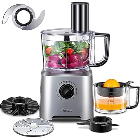 Yabano Food Processor, 1.4 Litre Food Mixer with 6 Chopping, Slicing and Dough Attachments, 700 W, Silver Cover
