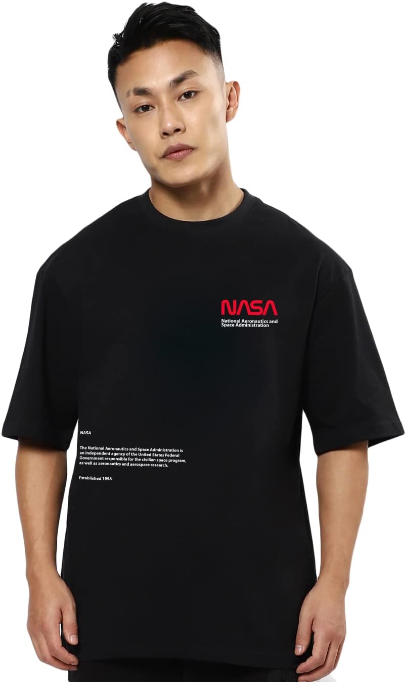 BewakoofOfficial NASA Merchandise Men's 100% Cotton 220 GSM Graphic Print Oversized Fit Round Neck T-Shirt
