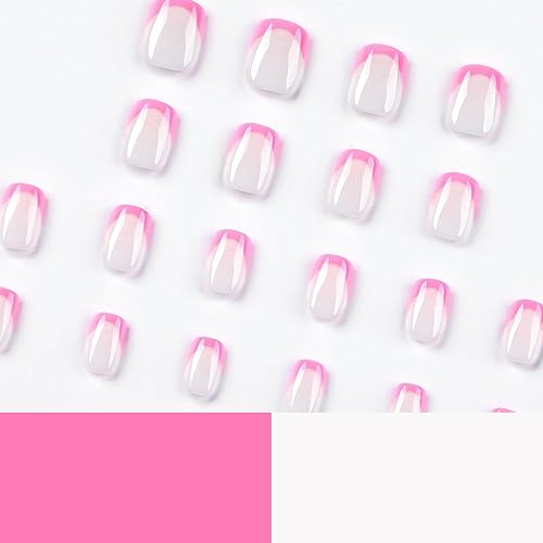 Miniatura 3 de 24 piezas de uñas postizas cortas cuadradas nude, uñas postizas brillantes de cobertura completa, uñas adhesivas de punta francesa rosa, uñas