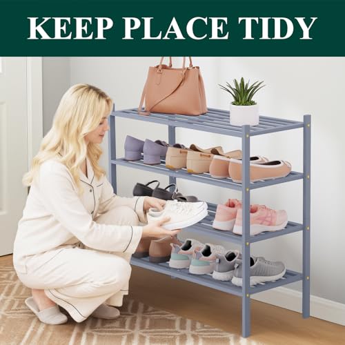 Image of Smiry Bamboo Shoe Rack, 5 Horizontal Slats, 4 Tier - 26.8 inch Wide, Grey