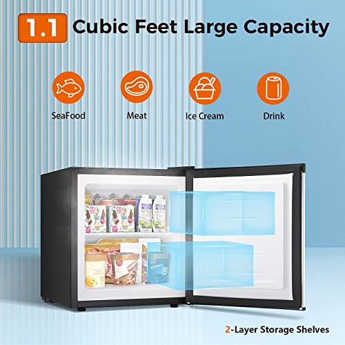 Kismile Mini Freezer,1.1 Cu.ft Upright Freezer with Reversible Single Door,Removable Shelves,Small Freezer with Adjustable Thermostat for Home/Kitchen/Office (Stainless Steel)