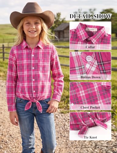 Image of Noomelfish Girls Long Sleeve Button Down Shirt Tie Front Western Tops Cowgirl Outfit (5-14 Years)