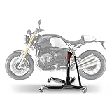 Technische Daten: Maße ConStands Zentralständer 78cm lang, 54cm breit und 75,5cm hoch. Eigengewicht: 22 kg. Max. Tragkraft: 300 kg. Die max. Bodenfreiheit der Räder liegt im Bereich von 5-15cm, abhängig vom Modell. Klappbar für Transport und zum Verstauen