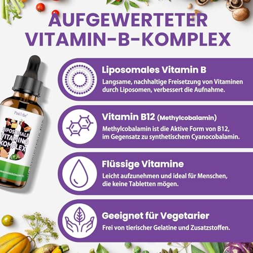 Liposomale Vitamin B Komplex Flüssiges - Hochdosiert Tropfen mit Allen 8 B-Vitaminen, Aktive Vitamin B Formen, Vegan, Keine Zusatzstoffe, 60ml (1er Pack)