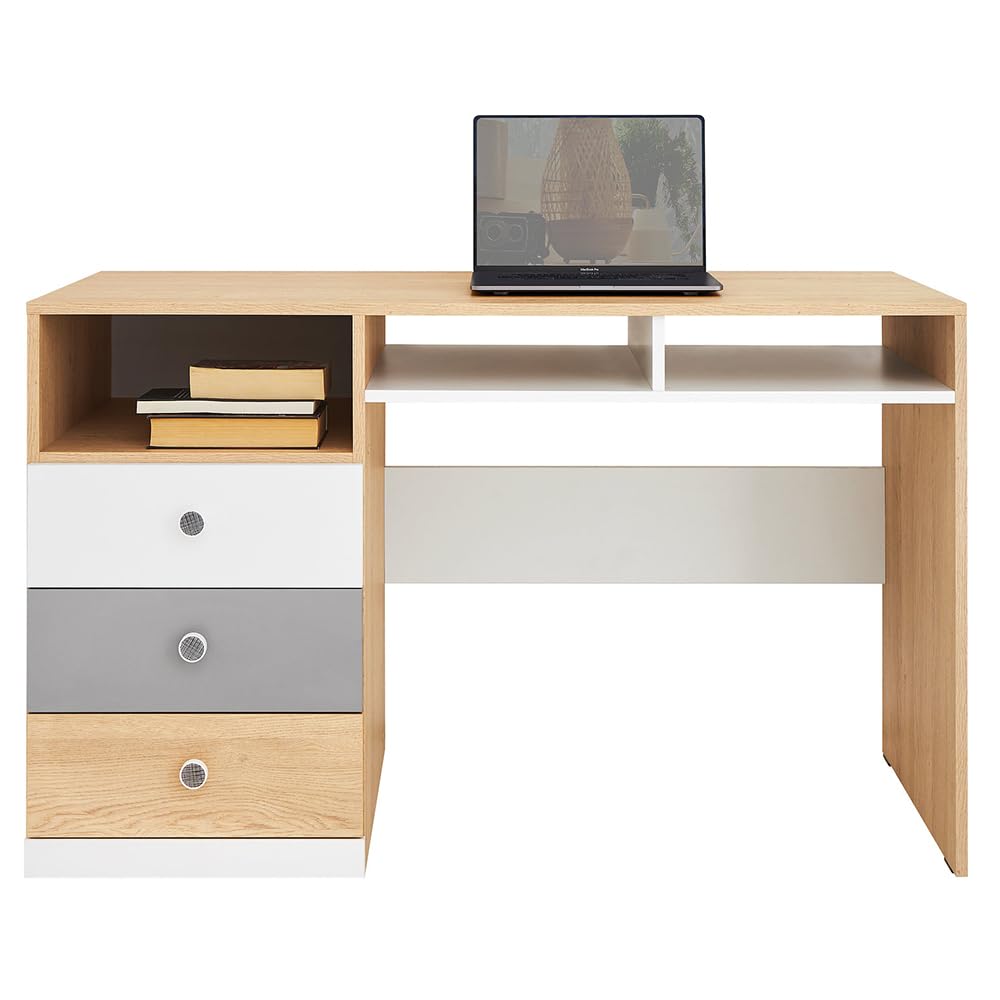 Lomadox Kinderzimmer Jugendzimmer Set in Eiche mit weiß und grau, 4-teilig, Schreibtisch, Wandboard, Standregal, Kleiderschrank