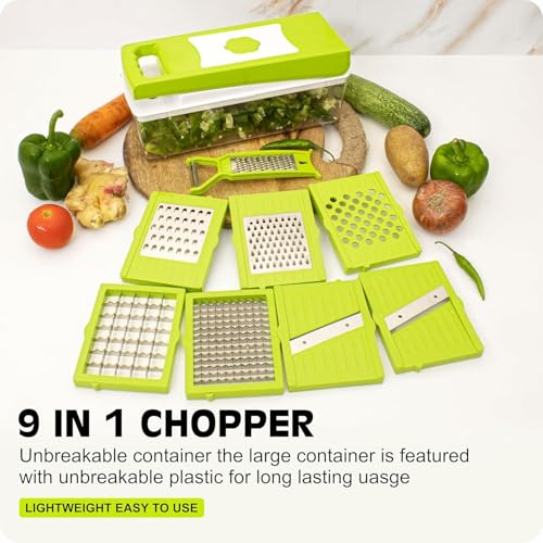Image of Tekcool 9 in 1 Multipurpose Chopper, Fruits & Vegetable Cutters, Grater Peeler Chipser, Unbreakable Food Grade Body, Easy Push to Clean Button Slicer Dicer, Chopper for Kitchen (Green, Plastic)