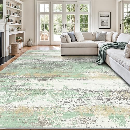 Yarooge 8x10 Area Rugs, Abstract Modern Ultra Soft Washable Rug, Non Slip Carpet with Rubber Back, Large Rugs for Living Room, Bedroom, Dining Room Decor (Light Green/Cream)