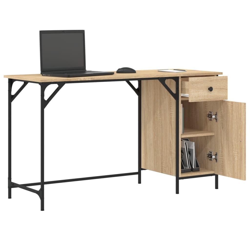Scrivania per computer in rovere Sonoma, 131 x 48 x 75 cm, in legno con telaio in metallo, ampio spazio di archiviazione, ergonomica, per ufficio, casa e cameretta dei bambini, salvaspazio e