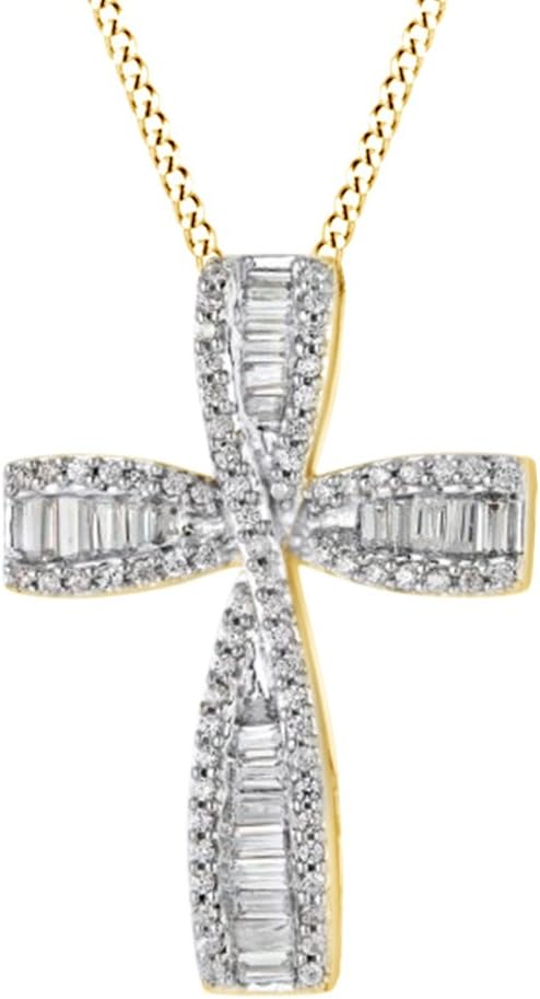 AFFY Baguette & Round Cut White Diamond Cross Pendant Necklace In 10K Solid Gold (0.5 Ct)