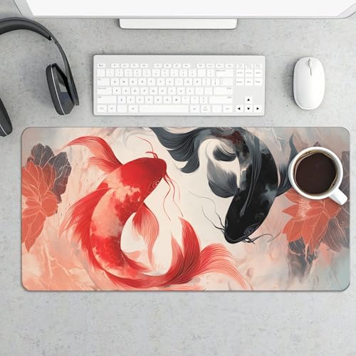 Image of Koi and Lotus Ethnic Extended Gaming Mouse Pad, with Stitched Edges Large Mouse Pad Desk Protector, Rubber Base Mousepad Keyboard Mouses Mat for Work Game Office Home- 32 inch X 16 inch Inch