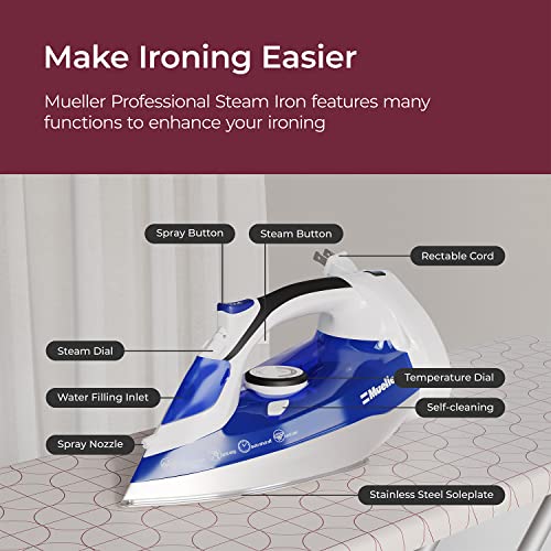 Mueller Professional Grade Steam Iron, Retractable Cord For Easy Storage, Shot Of Steam/Vertical Shot, 8 Ft Cord, 3 Way Auto Shut Off, Self Clean #TOP2