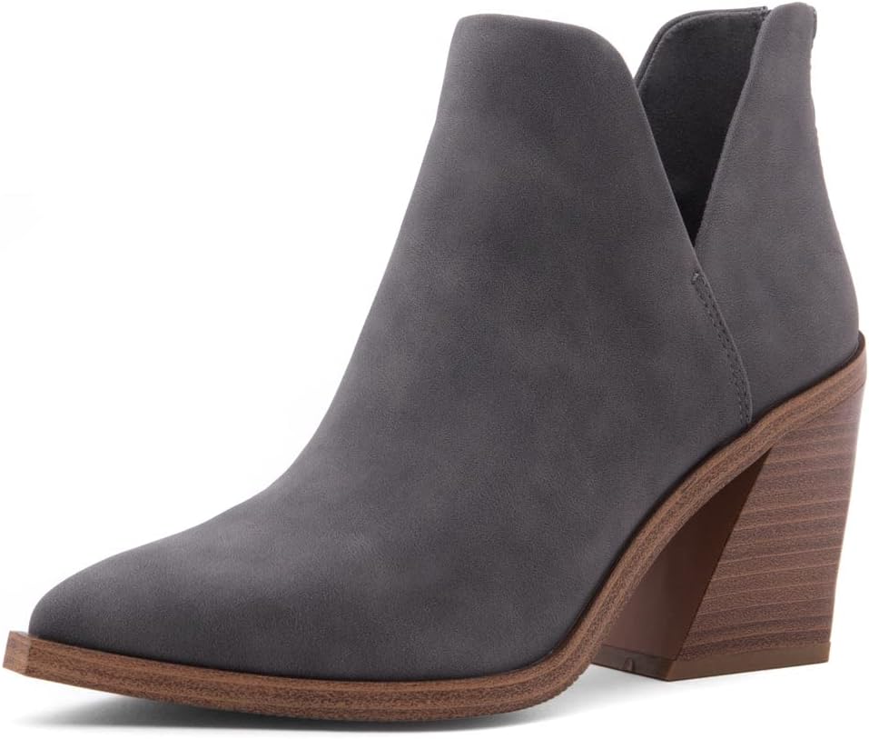 Shoe Land Womens Mingo Ankle Booties Chunky Stack Heels V Cutout Boots Pointed Toe Back Zipper Slip on Shoes