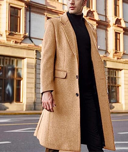 Image of Men's Casual Trench Coat Slim Fit Notched Collar Long Jacket Overcoat Single Breasted Pea Coat wih Pockets