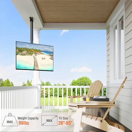 Image of ELIVED Outdoor Ceiling TV Mount for Most 26-65 Inch TVs, Weatherproof TV Hanging Bracket Anti-Rust for Patio, Height Adjustable Ceiling Mount 360 Swivel and Tilt, Max VESA 400x400mm Up to 99 lbs.