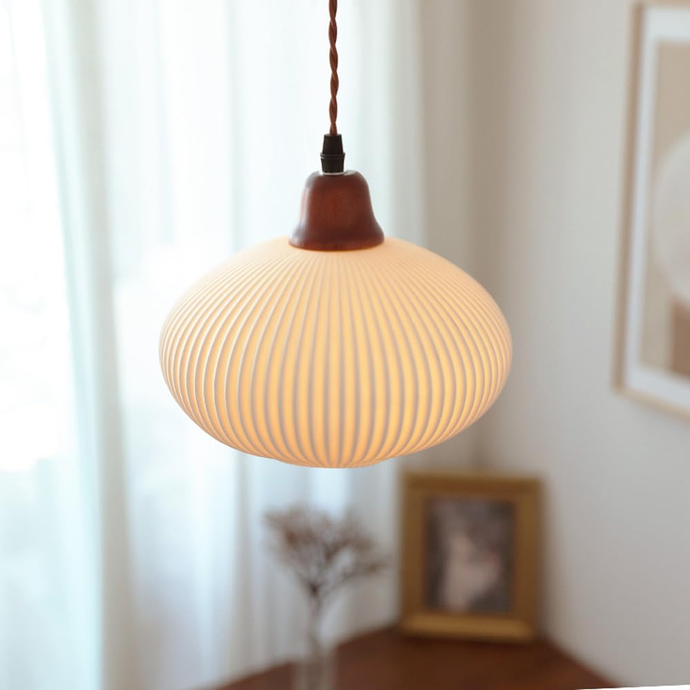 DONHEK White Ceramic Pendant Light Kitchen Island Hanging Lamp Wood Drop Ceiling Lighting Fixture with Ribbed Ceramics Shade Dining Table Lights Bedroom Bedside Suspended Lamps Star of Light